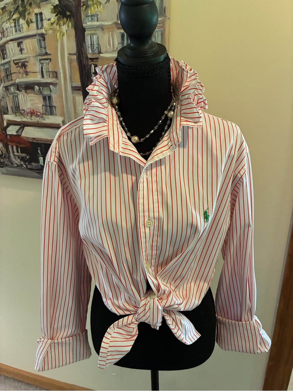 Ralph Lauren White Shirt with Red Stripes Tie-Front Button-Down